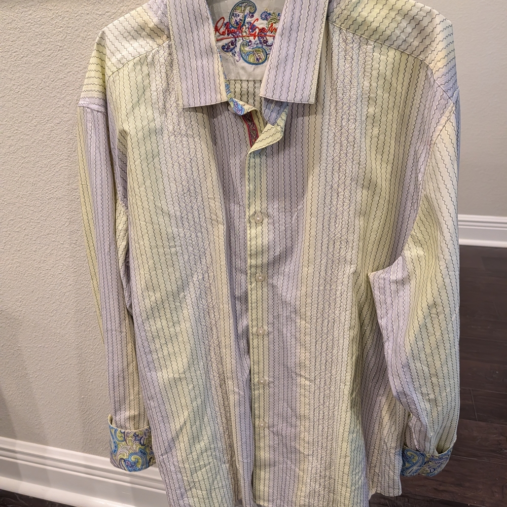 ROBERT GRAHAM Yellow and Gray Striped Dress Shirt